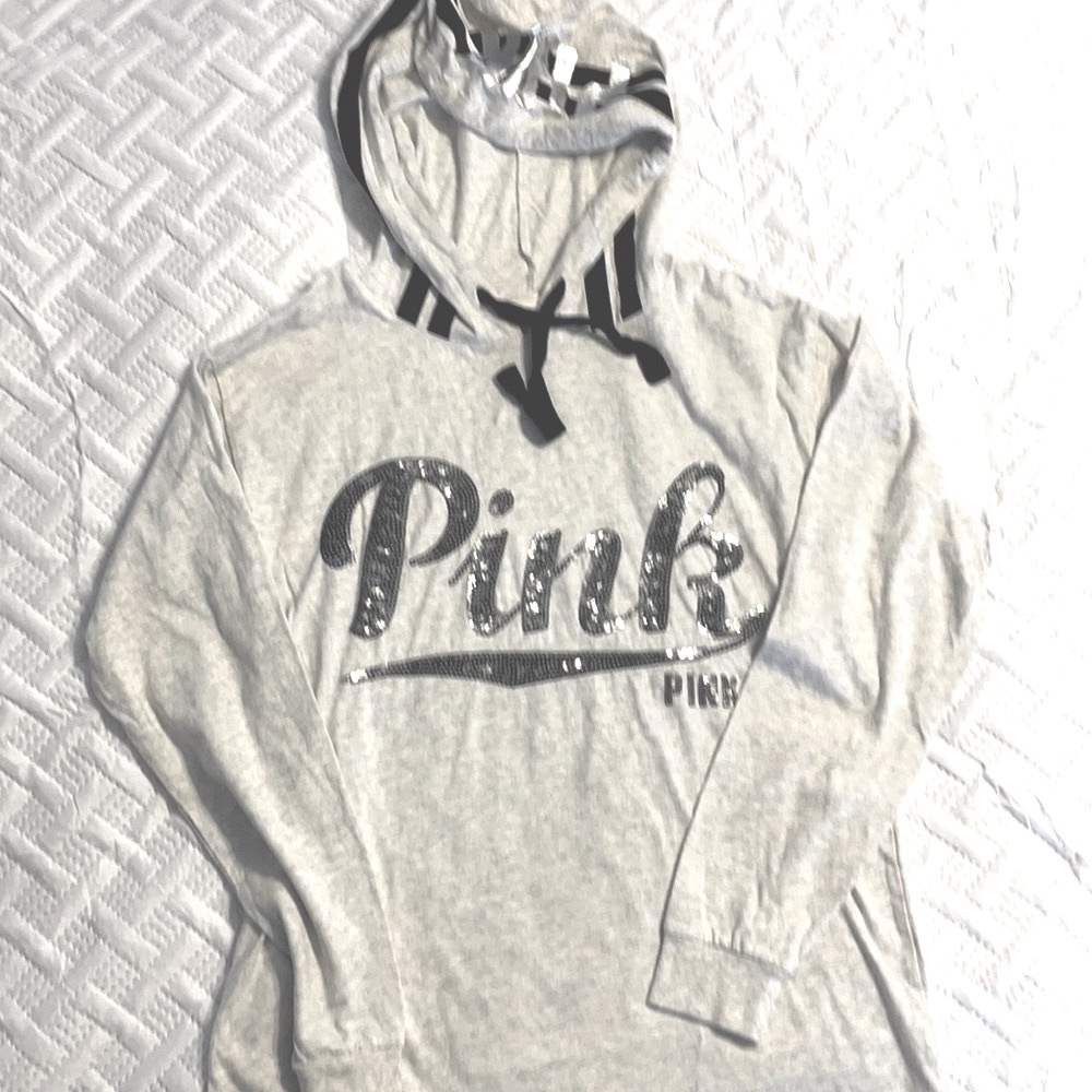 PINK Victoria's Secret Light Gray Hooded Pullover with Black Trim